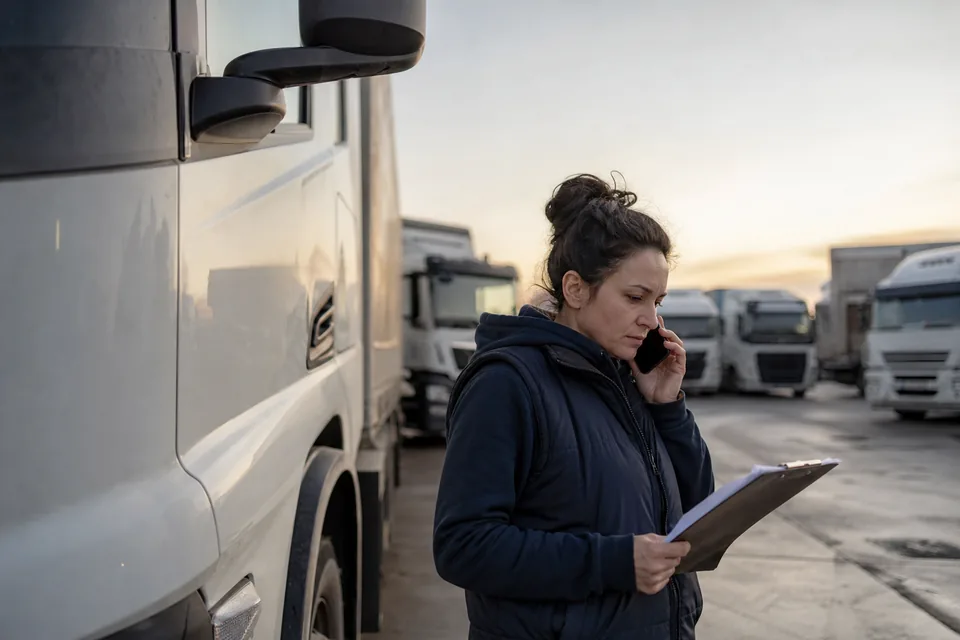 Ciężarówki firmy transportowej na placu manewrowym o poranku